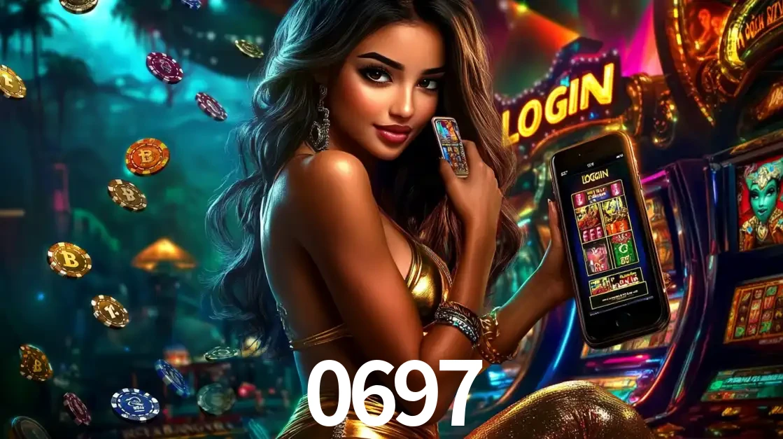 Mulher em um cenário de cassino temático de aventura, mostrando o app de caça-níqueis da 0697 no celular. Fichas de apostas flutuam ao redor.