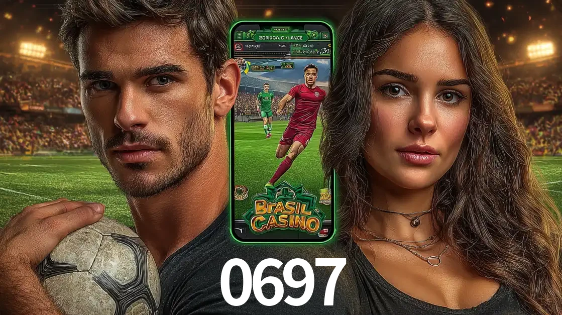 Homem segurando uma bola de futebol e uma mulher ao lado de um smartphone exibindo o jogo de apostas esportivas da 0697. Faça seu palpite no cassino online.